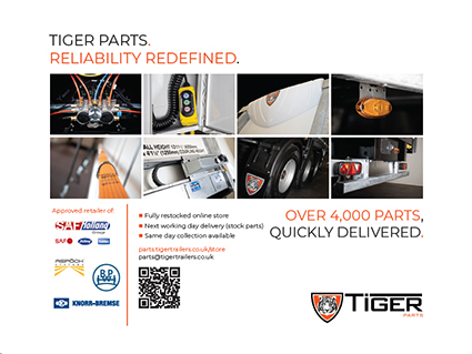 Tiger Trailers road transport trade press magazine advert - 2024 Tiger Parts half page A4