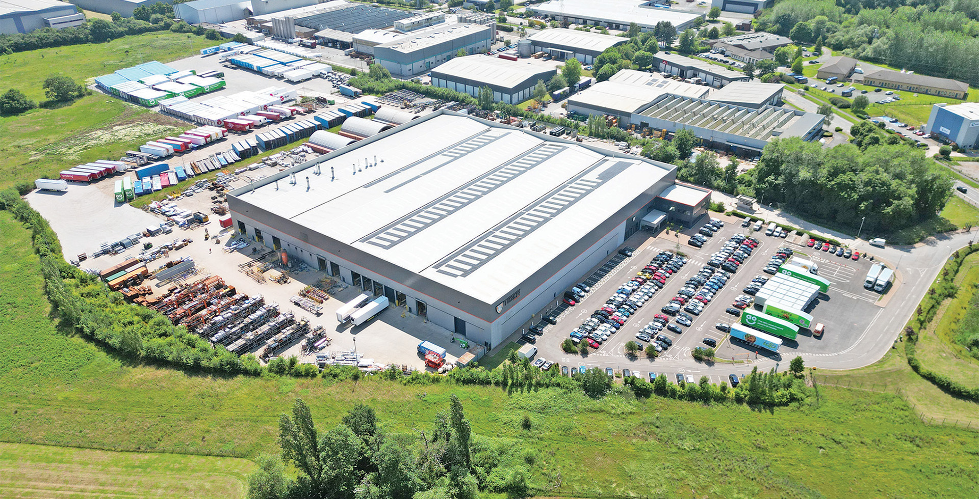 Drone shot of Tiger Trailers HGV manufacturing facility in Cheshire, North West UK